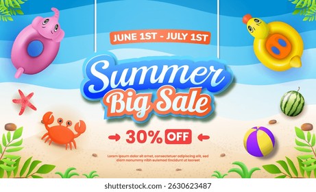 Promotional summer sale announcement with vibrant beach-themed elements and featured discount. Perfect for seasonal promotion, vibrant holiday designs, and marketing summer-themed products or events.