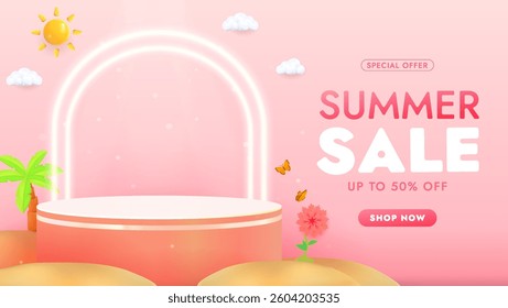 Promotional summer sale banner with bright colors, floral elements, and decorative text showing discount. Includes vibrant tropical aesthetics and a modern sense of cheerful shopping vibes.