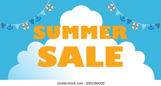 Promotional Summer Sale Promotional Summer Image Banner Material, Background Illustration Blue Sky, White Clouds And Summer Garland Triangle Flag