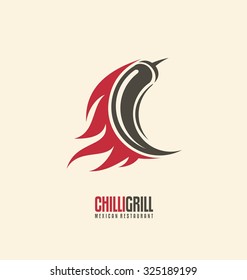 Promotional Symbol Concept For Mexican Restaurant. Chili On Fire Creative Logo Design Layout. Spicy Food Icon Template. 