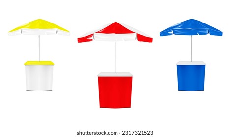 Promotional table counter with umbrella, color vector mockup set. Blank parasol stand realistic mock-up. Template for design. Easy to recolor