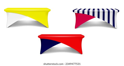 Promotional table with stretch cross over cover for brand design vector mockup. Portable exhibition counter mock-up. Trade show display stand template. Color set. Easy editable vector illustration
