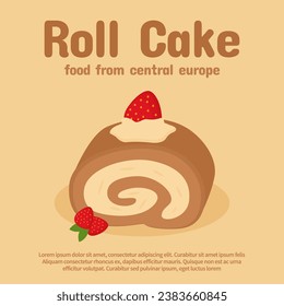 promotional template for rolled sponge cake with a flat illustration of cute rolled sponge cake for a bakery shop