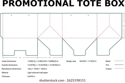 Promotional Tote Box Die Cut Template With Dimensions And Specifications