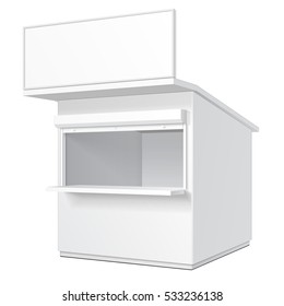 Promotional Or Trade Outdoor Kiosk, Stand, Newsstand. Open-fronted Hut Or Cubicle. Mock Up, Template. Illustration Isolated On White Background. Ready For Your Design. Product Advertising Vector EPS10