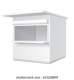 Promotional Or Trade Outdoor Kiosk, Stand, Newsstand. Open-fronted Hut Or Cubicle. Mock Up, Template. Illustration Isolated On White Background. Ready For Your Design. Product Advertising Vector EPS10