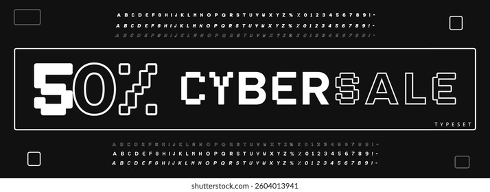 Promotional typography futuristic digital alphabet. Modern geometric font for cyber sale, HUD, EDM, tech logo, gaming headline, online shopping banner. Cyberpunk typographic design. Vector typeset.