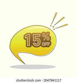 Promotional vector illustration, fifteen per cent text. 15% off. Balloon in yellow gradient. White background.