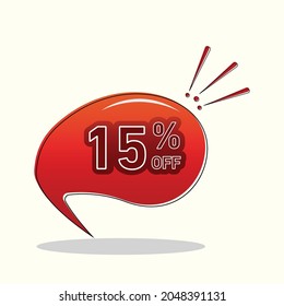 Promotional vector illustration, fifteen per cent text. 15% off. Balloon in red gradient. White background.