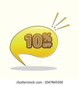 Promotional vector illustration, ten per cent text. 10% off. Balloon in yellow gradient. White background.