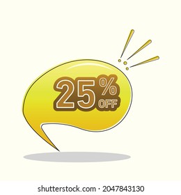 Ilustración vectorial promocional, texto del 25%. 25% de descuento. Globo en gradiente amarillo. Fondo blanco.