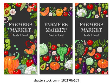 Promotional vertical banners for farmers market. Organic vegetarian food banner. Bright juicy garden vegetables on a chalkboard or dark background. A new crop of tomatoes, bell peppers, cabbage, onion