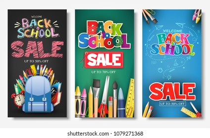 Promotional Vertical Poster and Banner Set with Creative Styles of Back to School Sale Text Titles in Different Colored Backgrounds for Marketing Purposes
