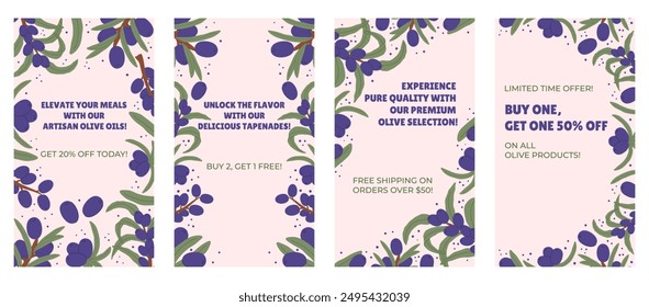 Promotional Vertical Social Media Stories with Purple Olive Branches and Green Leaves. Highlight special offers such as discounts and free shipping, emphasizing premium quality products