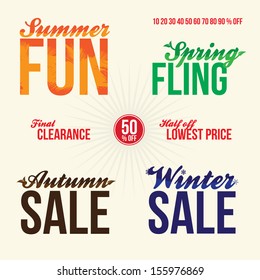 Promotional Vintage Typography Sale Elements Logos For Signage Or Web Advertising That Read Summer Fun Spring Fling Final Clearance 50 Percent Off Half Off Lowest Price Autumn And Winter Sales.