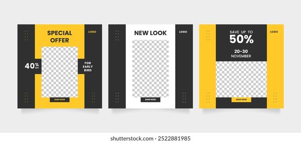 Promotional web banner for social media post. Editable minimal square banner template. Social media post and web internet ads. Black friday sale banner or offer template with photo college.