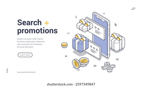 Promotional web banner template features an isometric design showcasing a smartphone with gift boxes and coins. Ideal for advertising search promotions and special offers.