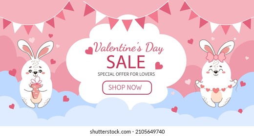 Promotional web banner of the Valentine's Day sale with fluffy bunnies and hearts. Beautiful vector background with seasonal offer