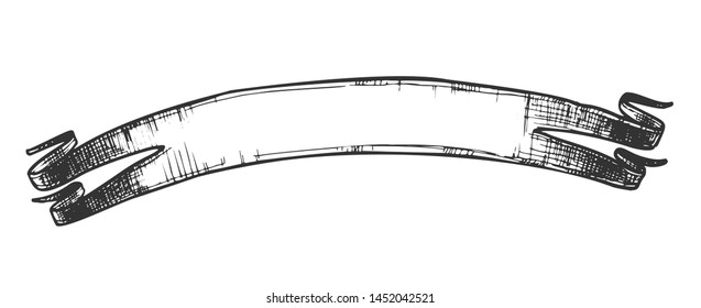 Promotional Website Element Ribbon Doodle Vector. Hand Drawn in Old Style Blank Ribbon With Triangle Fold Wedge End. Decorative Tag Detail Of Premium Product Black And White Template Illustration
