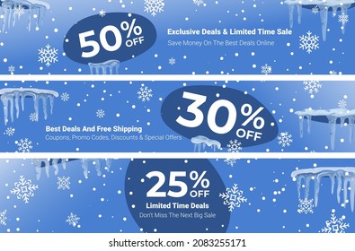 Promotional winter limited time deals banner set vector flat illustration. Collection horizontal advertising sale discount special price free shipping decorative snowflakes design with place for text