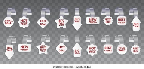 Promotional wobblers mockup set. Price tags hang on wall. Supermarket sale promotion pointing wobbler. Sale or discount label, special offer price tag