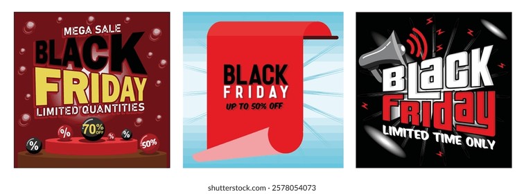 Promotions for Black Friday sales. Suitable for simple and elegant promotional ideas. Black Friday promotional banner featuring bold text and a megaphone emphasizes the limited time sales event. 