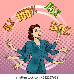 Promotions discounts sale. Businesswoman juggling cent. Business concept trade. Pop art retro style