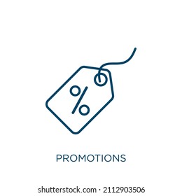 promotions icon. Thin linear promotions outline icon isolated on white background. Line vector promotions sign, symbol for web and mobile