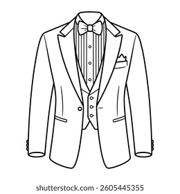 Prompt: "A detailed vector-style line art illustration of a classic suit, including a blazer, dress shirt, and tie.