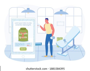 Prompt Banner, Guy Orders Nutritional Supplements. Athlete Uses his Phone to Order Healthy Eating. He is in Gym and Quickly Makes an Order through Application. Man is Well Built and Holds Dumbbell.