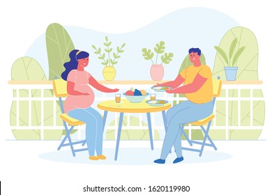 Prompt Banner, Married Couple have Lunch Together. Pregnant Wife and Husband are Sitting at Dining Table. Man Holds out Plate Food to his Beloved. Table are Fruits and Glasses with Juice.