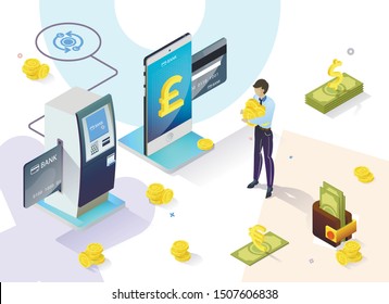 Prompt Banner Providing Information on Loans. Banking and Development Information Technology. Credit Cards are Inserted into Atm and Smartphone, Man Holds Gold Coins. Vector Illustration.