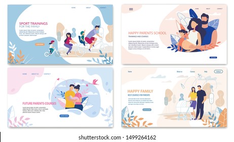 Prompt Banner Set Happy Inscription Family Flat. Best Courses for Parents. Sport Trainings for the Family. Happy Parents School Training and Courses. Future Parents Courses. Vector Illustration.