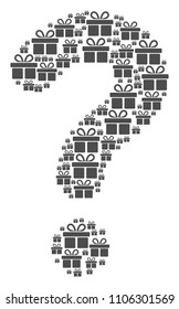 Prompt collage constructed with gift items. Vector gift icons are formed into question mark combination.