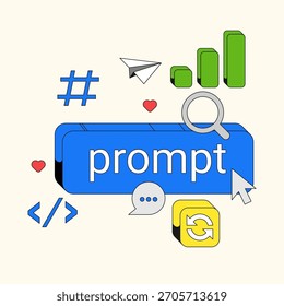 Eingabeaufforderung und digitale Symbole. Kreative prompte Konzeptgrafik mit digitalen Symbolen wie Chat, Code, Analytics und Suchelementen für moderne Technologievisualisierung