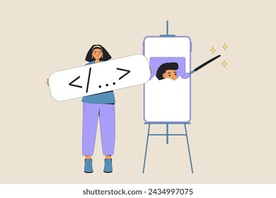 Prompt engineer. Artificial general intelligence helps to the designer to create an image. Young artist working with AI artificial intelligence. Vector illustration