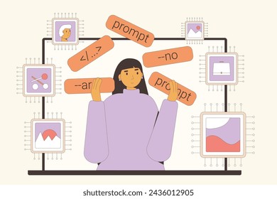 Trabajo de ingeniero. La inteligencia artificial ayuda al diseñador a crear una imagen. Joven artista trabajando con herramientas de IA. Ilustración de vector