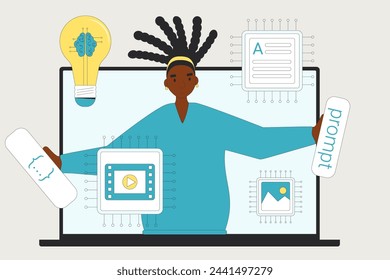 Prompt engineer learning. Course of crafting precise instructions AI models to generate picture, text, video. Study artificial intelligence to create content. Vector illustration