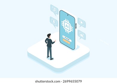 Prompt engineering for AI content generation. A smartphone displaying a search bar with the word "Prompt" to create AI-generated video, audio, image, and music content.