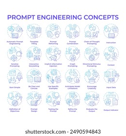 Prompt Engineering blauen Farbverlauf Konzept Symbole. Konversationelle künstliche Intelligenz. Konstruktionsanleitung für KI. Generiere Reaktion. Symbolpaket. Vektorbilder. Runde Formabbildungen. Abstrakter Gedanke