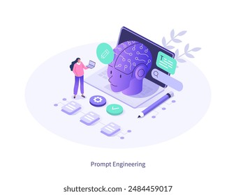 Prompt engineering. Character working with generative AI model tools. Artificial intelligence in business concept. Isometric vector illustration.