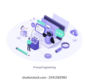 Avisar conceito de engenharia. Personagens que trabalham com ferramentas de modelo de IA generativa. Aprendizagem profunda, inteligência artificial, algoritmo, modelo infográfico. Ilustração de vetor isométrico 