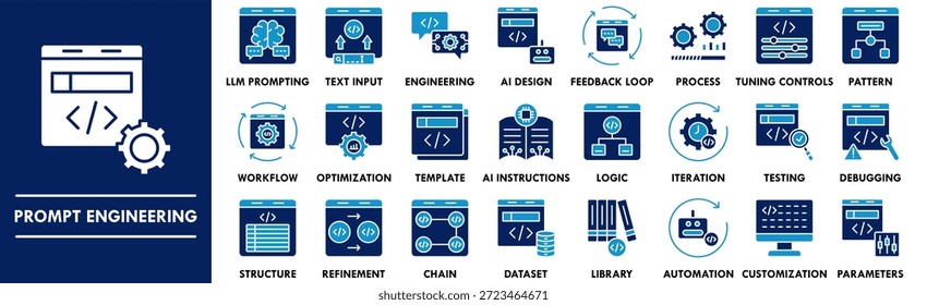 Prompt Engineering duotone icon collection set. Containing design assistant, ai, prompt, technology, artificial intelligence