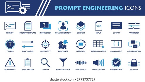 Prompt Engineering Icon Set. Collection of Context, Role Assignment, JSON Output, Tokens, Guardrails, Constrains, Large Language Model and More Icons. Editable Flat Vector Illustration.