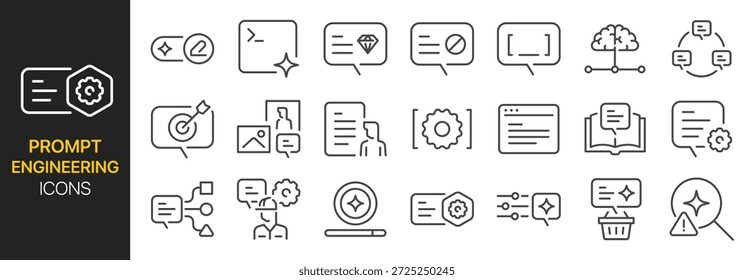 Conjunto de iconos de ingeniería de Instrucción. Incluía Instrucción de IA, inteligencia artificial, IA generativo, flujo de trabajo, digital y más íconos. Trazo de Vector editable.

