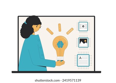 Rápido aprendizaje de ingeniería para la productividad. La inteligencia artificial ayuda al diseñador a crear una imagen. Joven artista trabajando con AGI. Ilustración del vector