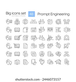 Prompt engineering linear icons set. Design instructions. Test and optimize tasks. Chatbot interaction. Customizable thin line symbols. Isolated vector outline illustrations. Editable stroke