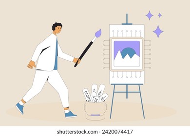 Prompt engineering. Man painting with using artificial general intelligence tools. AGI technology helps to young designer to create an image. Vector illustration.