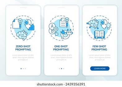 Prompt engineering methods blue onboarding mobile app screen. Walkthrough 3 steps editable graphic instructions with linear concepts. UI, UX, GUI template. Myriad Pro-Bold, Regular fonts used