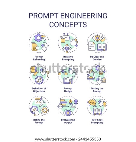 Prompt engineering multi color concept icons. Design instructions for ai model. Test and optimize tasks. Chatbot interaction. Icon pack. Vector images. Round shape illustrations. Abstract idea